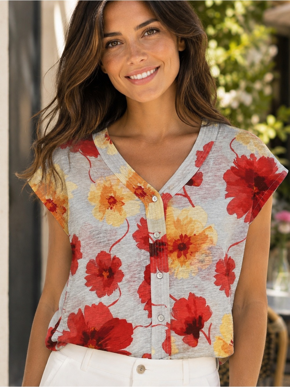 Joie Floral Linen Blend Button Front Top S